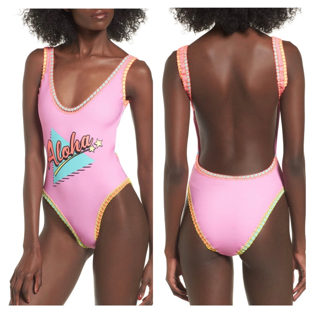 TOPSHOP Barbie Pink Aloha One-Piece Low Back Swimsuit Crochet Neon UK 6 US 2 XS